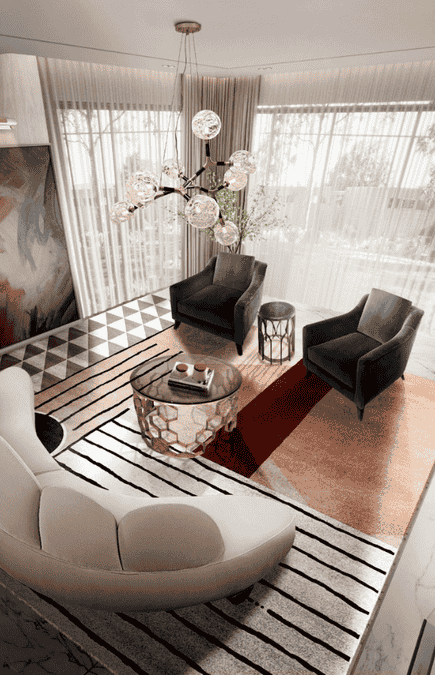 Modern bespoke living area design with elegant furniture.