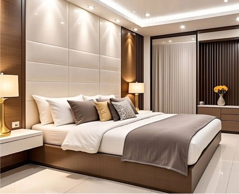 Luxury bedroom renovation with gold wall design.