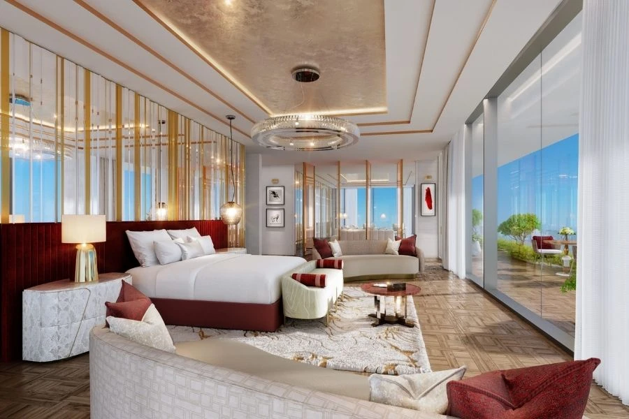 Luxury bedroom renovation with gold wall design.