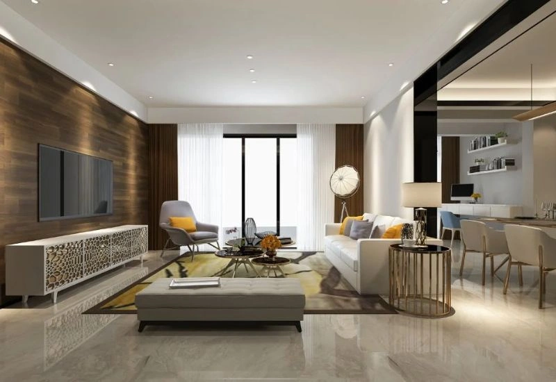 Modern Dubai apartment renovation with wooden wall.