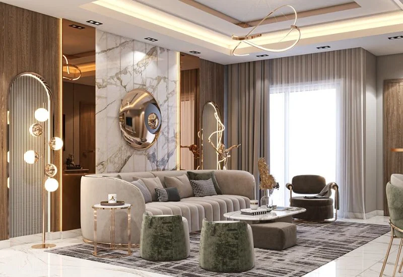 Modern living room renovation with marble wall Dubai.