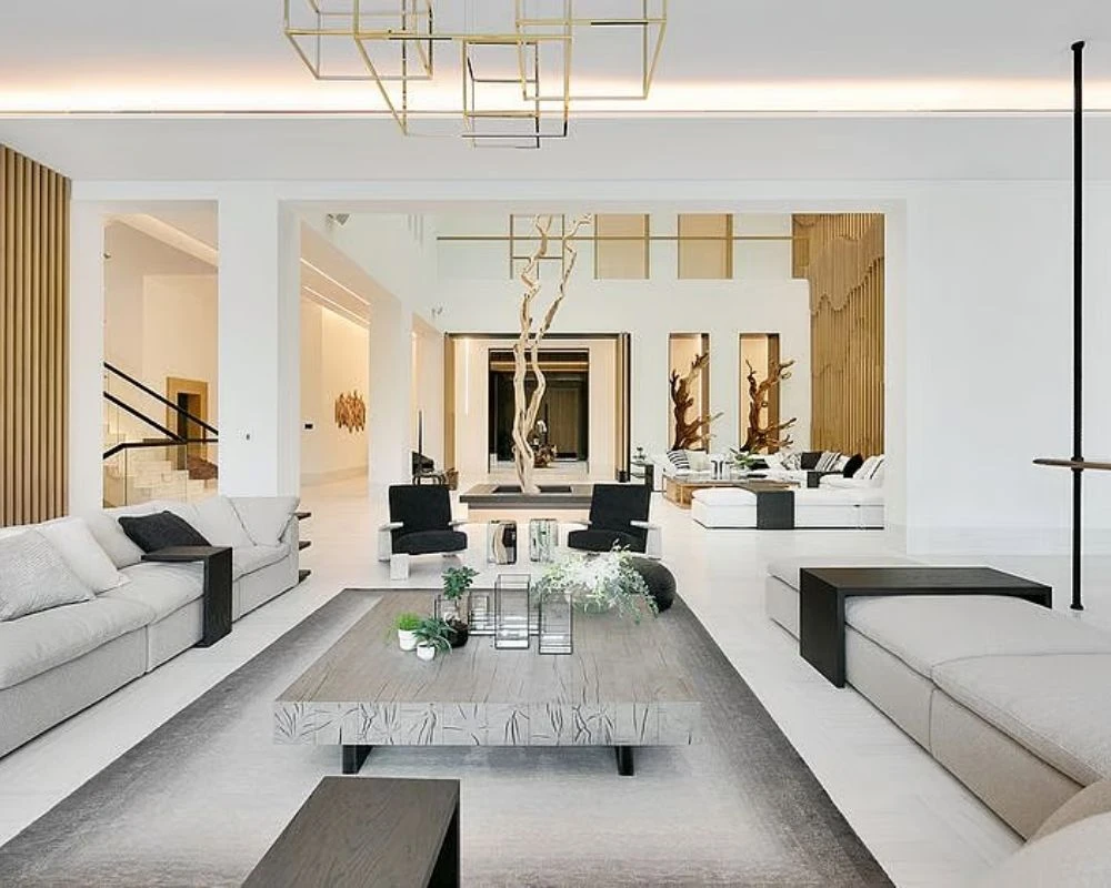Luxury home living room renovation with modern ceiling.