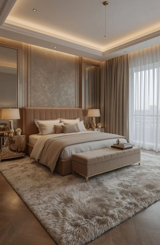 Luxury bedroom renovation with warm mood lighting.