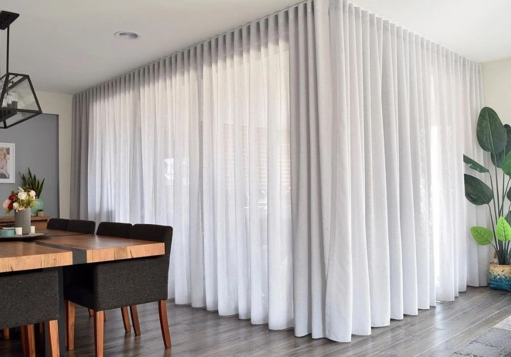 Modern white sheer curtains for living room.