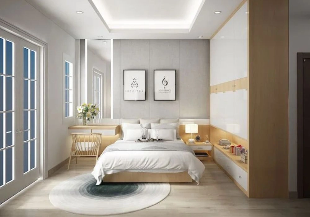 Modern small bedroom renovation with wooden furniture.