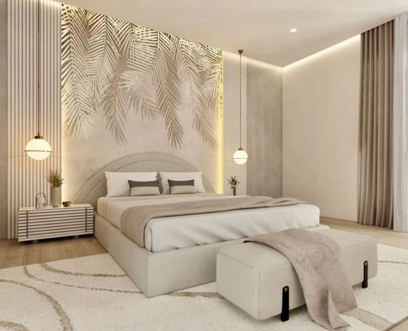 Bedroom renovation with wooden chevron floor style.