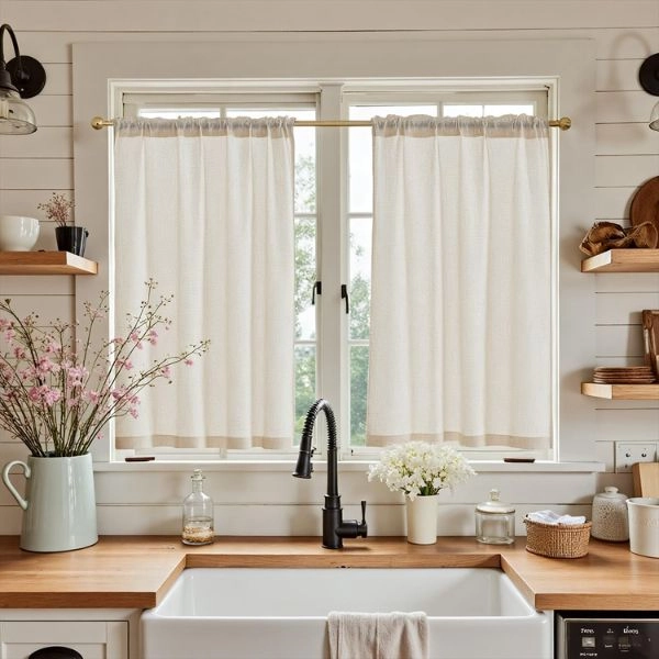Modern easy clean curtains for kitchen windows.