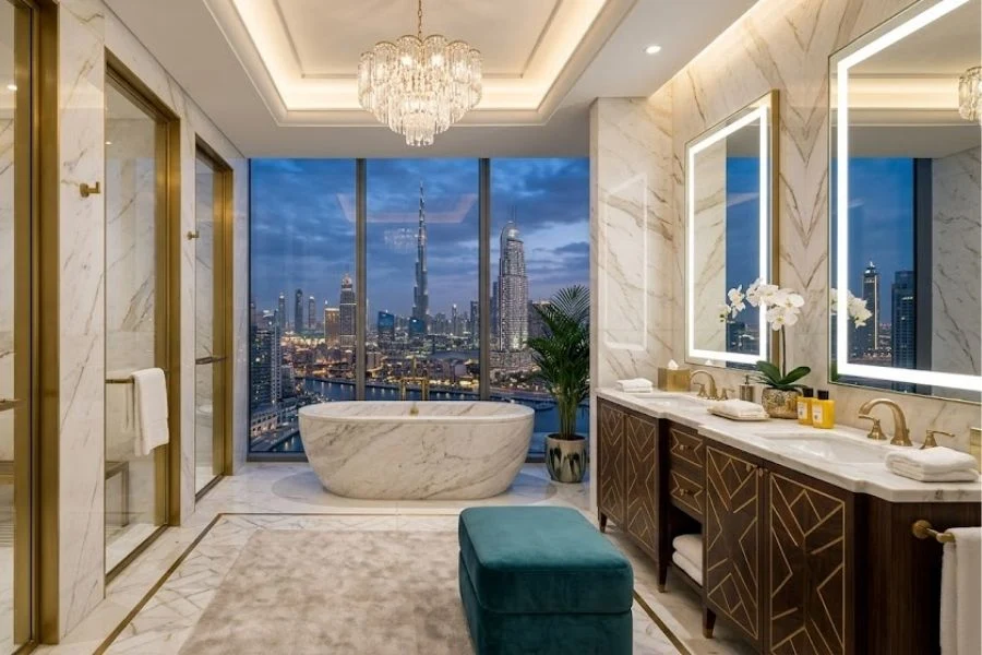 Modern luxury bathroom renovation with Burj Khalifa view.