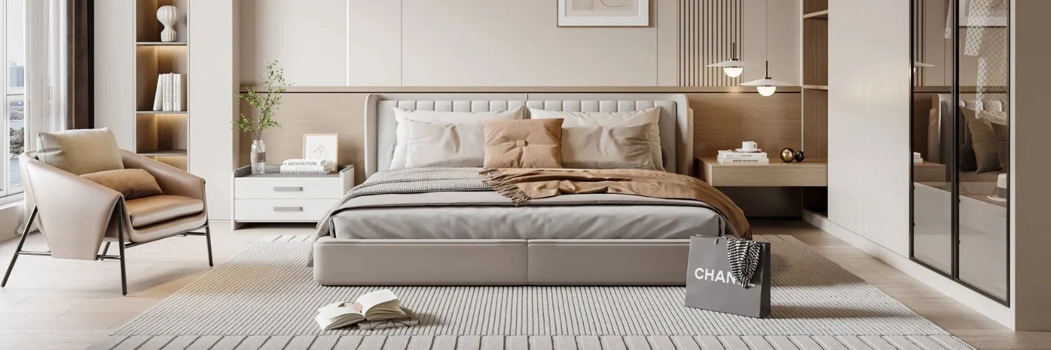Modern beige bedroom renovation with fluted panels.