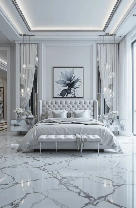Luxury bedroom renovation with white marble floor.