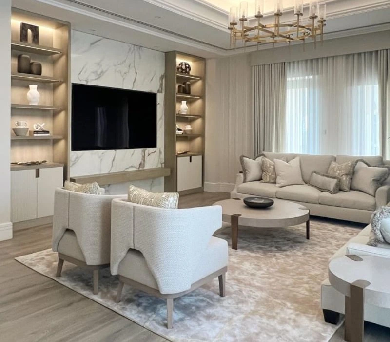 Modern living room renovation in Dubai apartment.