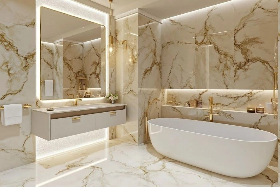 Modern marble bathroom renovation with gold fixtures.
