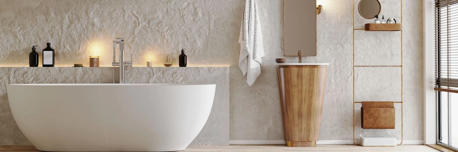 Minimalist bathroom renovation with standalone tub and wood sink.