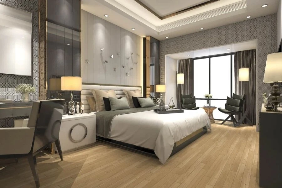Elegant bedroom renovation with gold furniture.