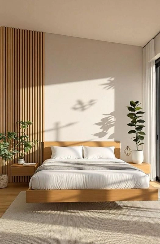 Minimalist bedroom renovation with vertical wood panels.