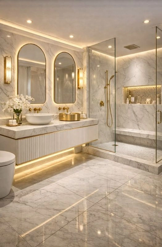 Luxury marble bathroom with arched mirrors and shower.