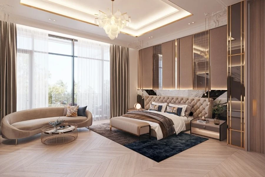 Master bedroom renovation with tray ceiling.