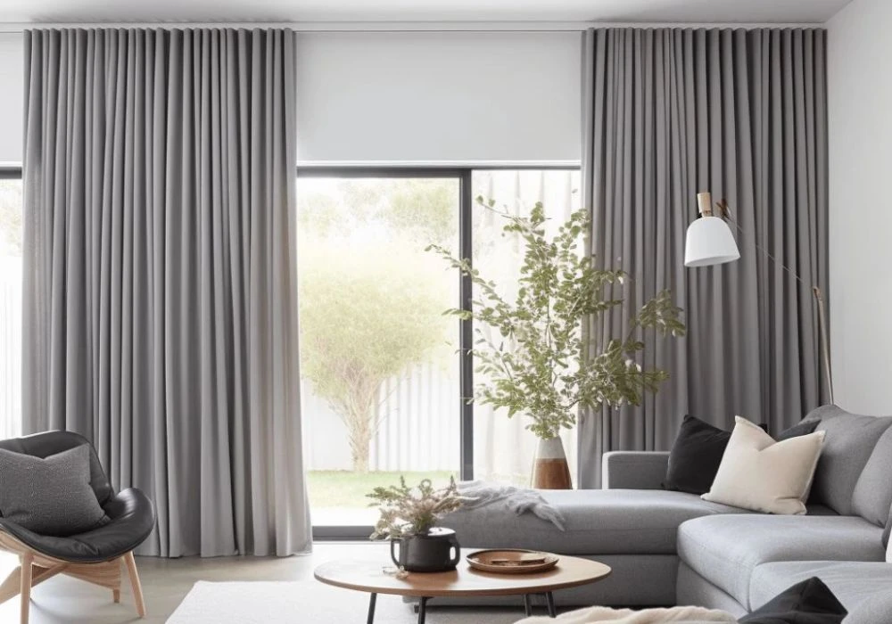 Beige blackout curtains for maximum sun protection.