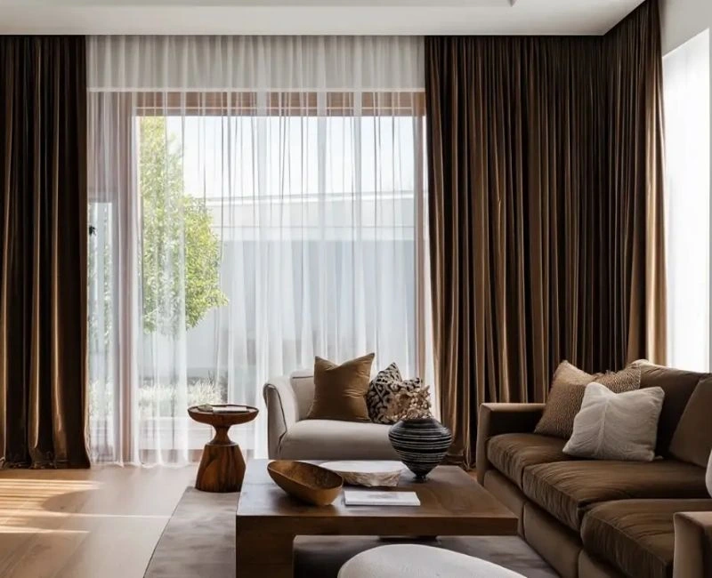Luxury brown velvet curtains for modern living room.