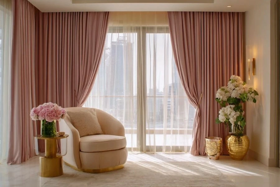 Luxury pink velvet curtains for elegant room decor.