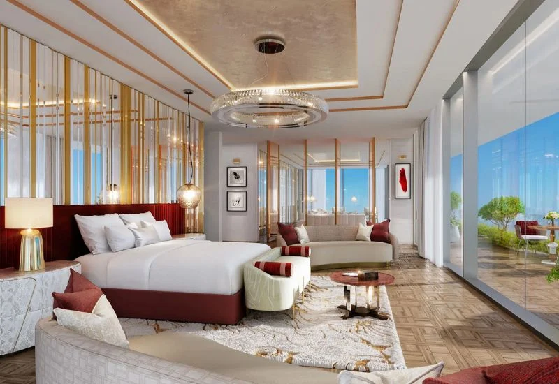 Luxury master bedroom renovation with gold decor Dubai.