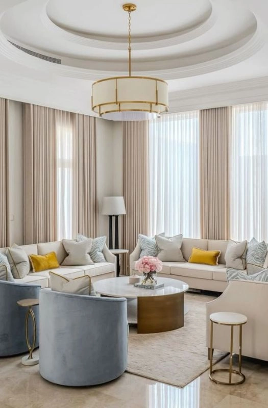 Modern Beige And Blue Living Room Renovation Dubai