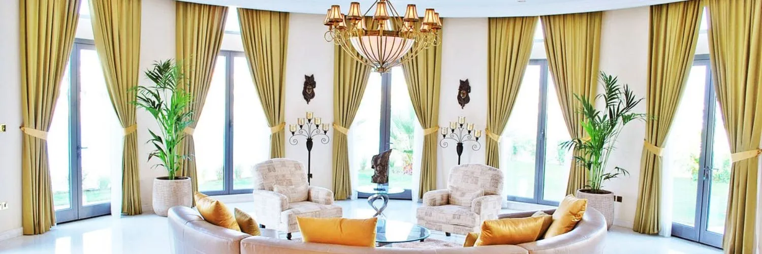 Gold luxury curtains for villa living room.