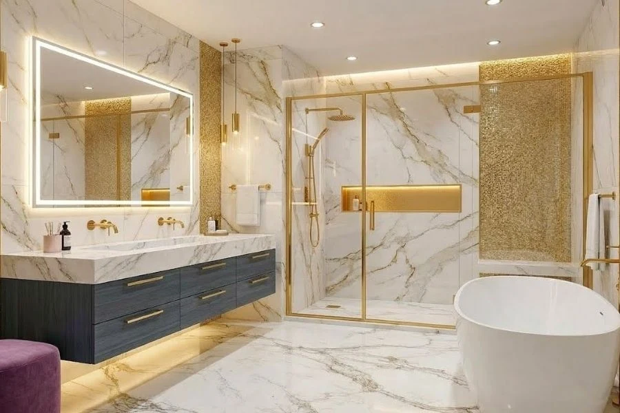 Luxury bathroom renovation with marble and gold glass.