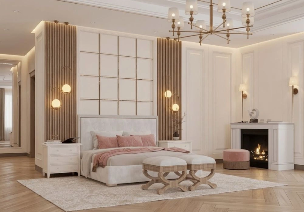 Modern bedroom renovation with decorative fluted wall panels.