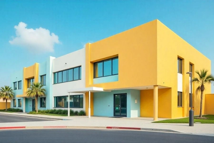 Modern commercial building with bright yellow, blue, and white exterior paint.