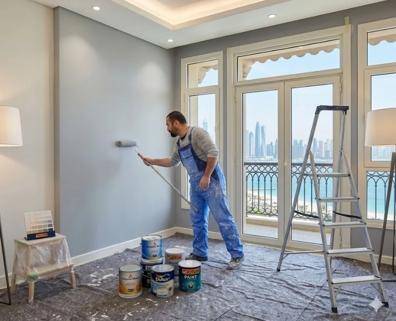 Professional painter applying grey paint to a room wall near a window.