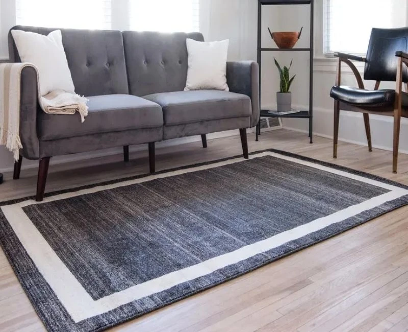 Modern charcoal grey rug with a white border in a minimalist living room.