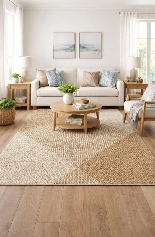 Natural jute geometric area rug in a bright, modern living room.