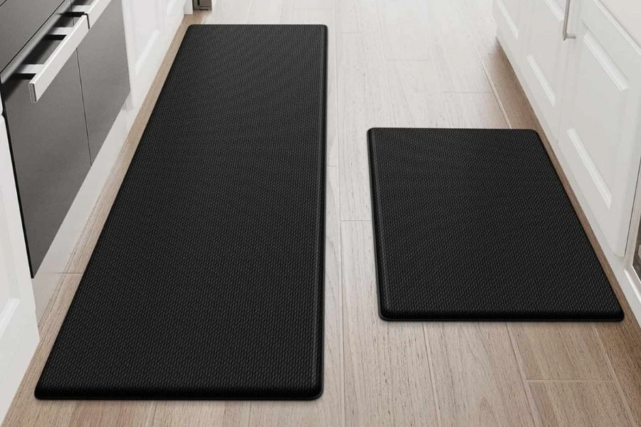 Black anti-fatigue kitchen floor mats in a set of two.