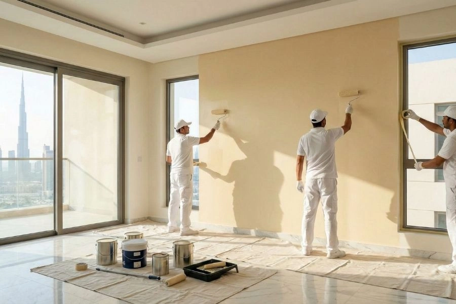 Professional painters working in a Dubai apartment.