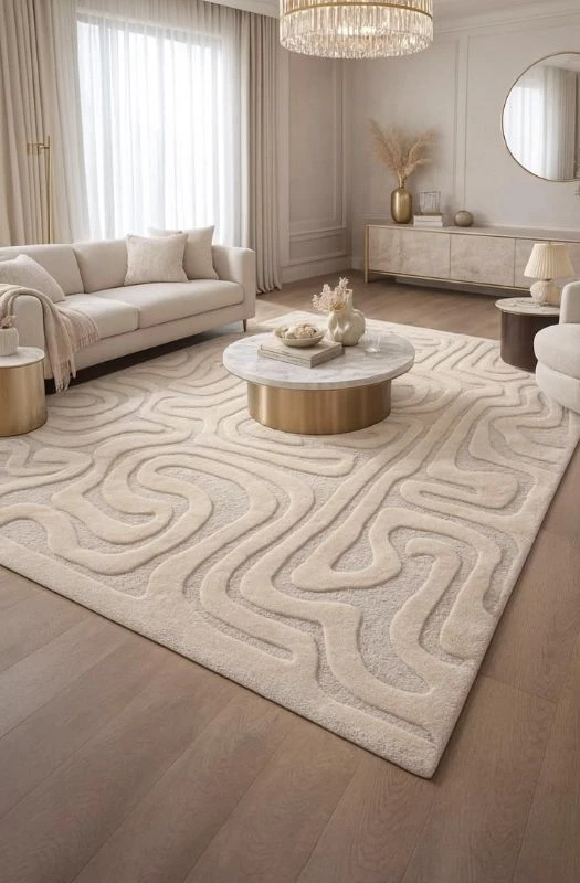 Luxury cream textured rug with 3D wavy patterns in a high-end living room.