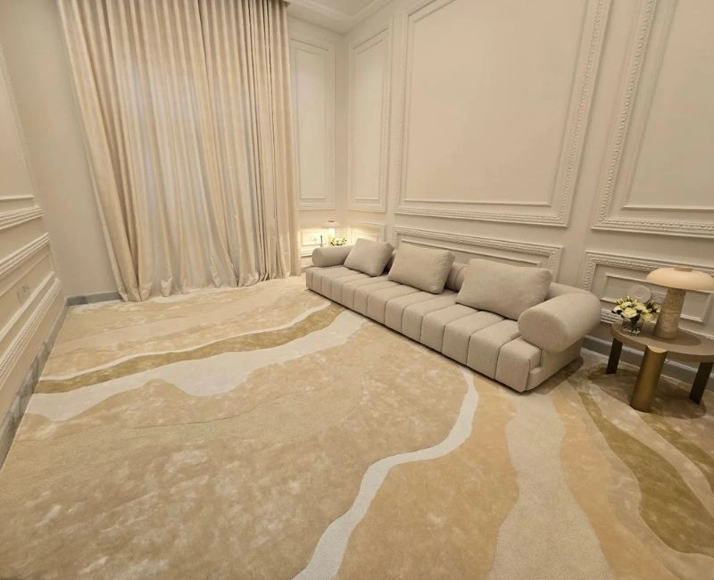 Luxury cream 3D pattern carpet in Dubai room.