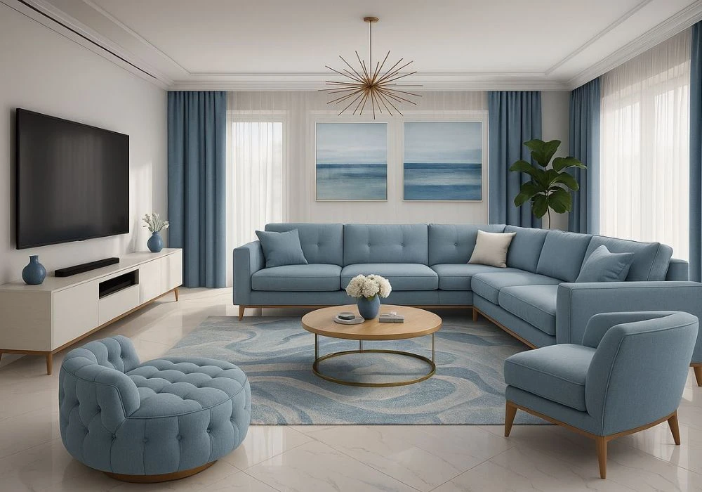 Luxury blue living room rug with abstract wave patterns.