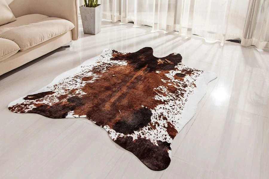 Faux cowhide rug with brown and white patterns on floor.