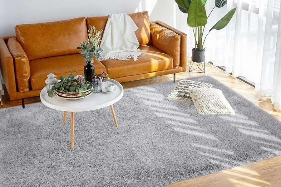 Soft grey fluffy shag rug in a modern sunlit living room.