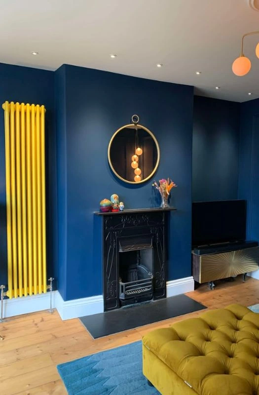 Living room with navy blue walls, a black fireplace, and a yellow radiator.