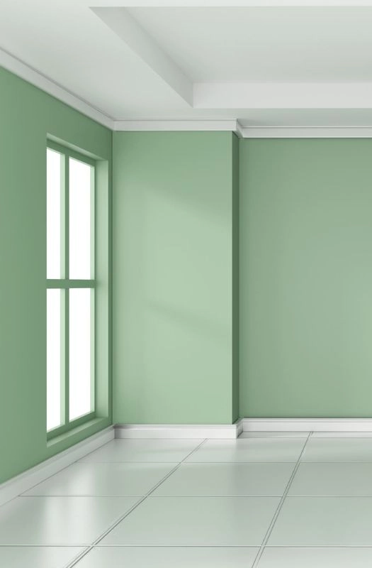 Minimalist room with sage green textured wall paint and white trim.