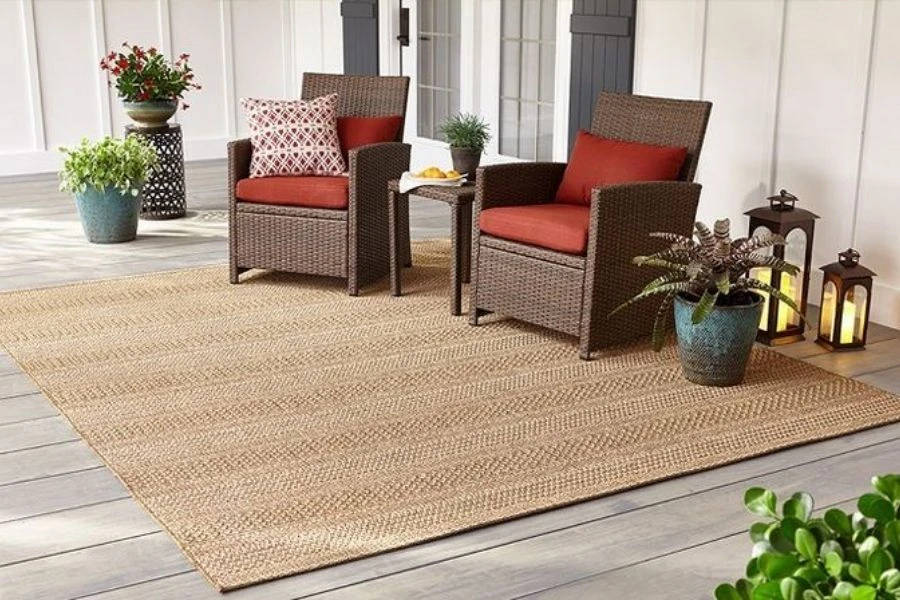 Durable natural jute outdoor rug on a wooden patio.