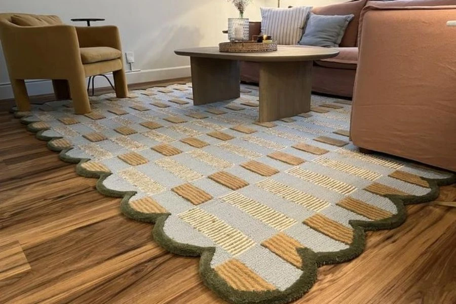 Modern scalloped edge area rug with checkered pattern on wood.