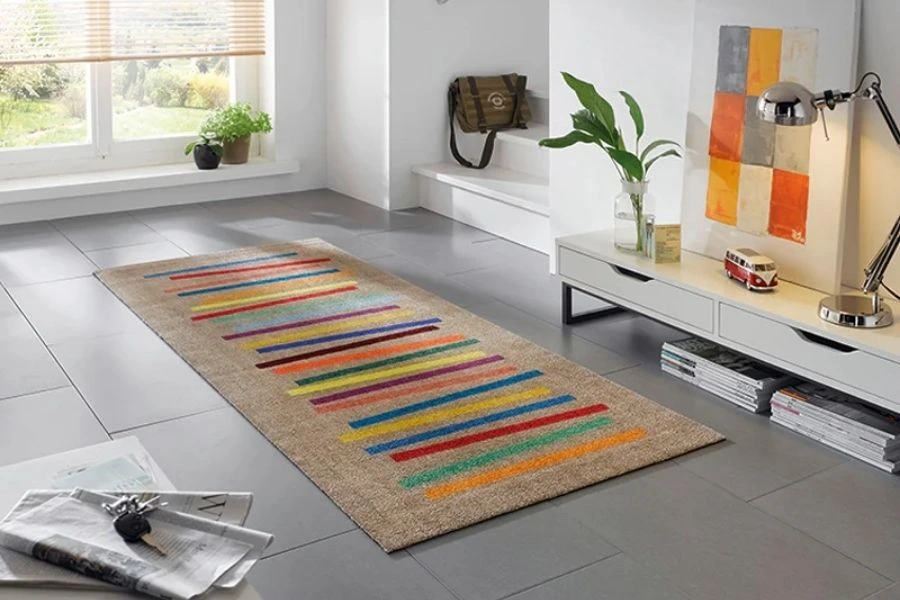 Colorful striped runner floor mat in modern room.
