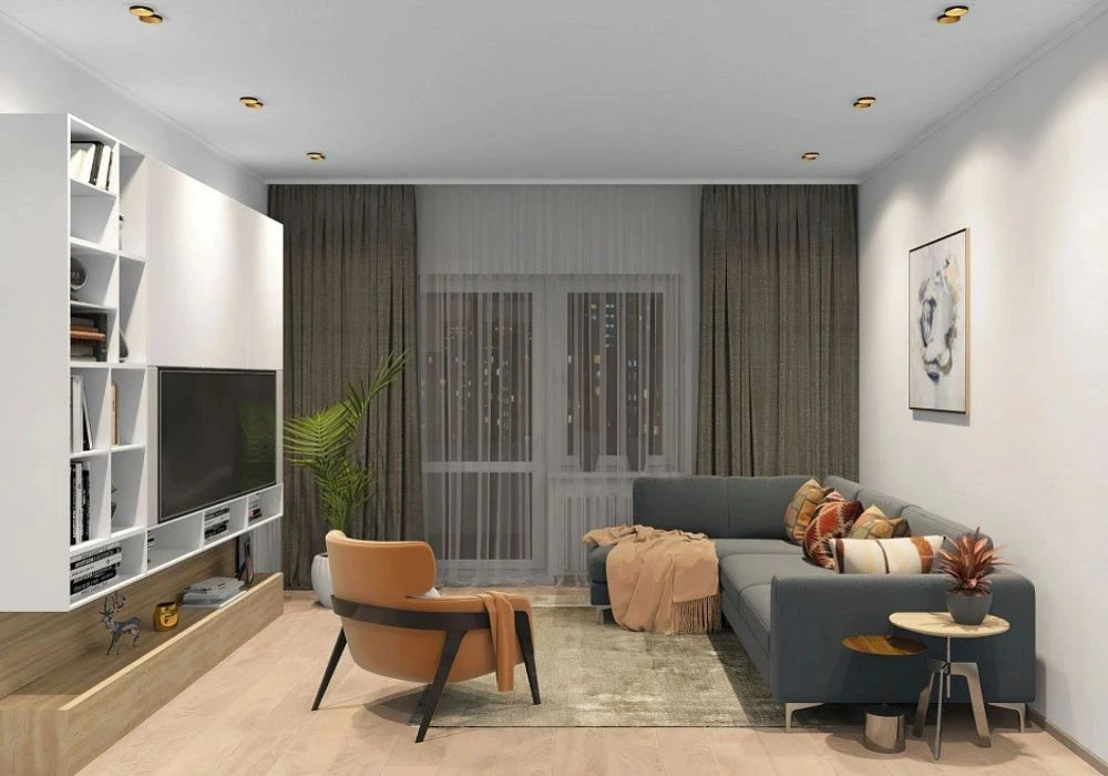 Modern brown living room curtains cozy apartment