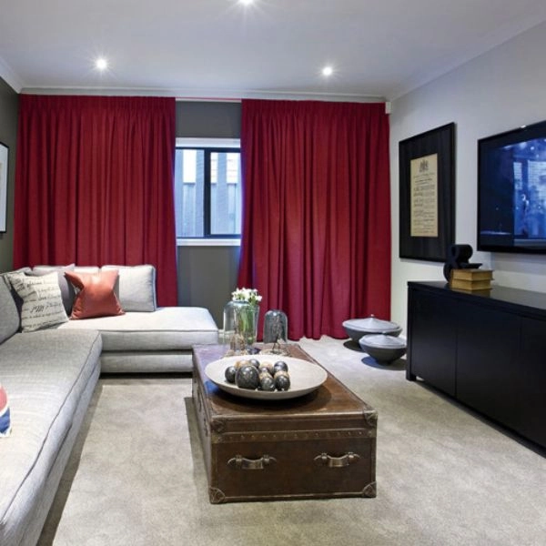 Vibrant red living room curtains media setup