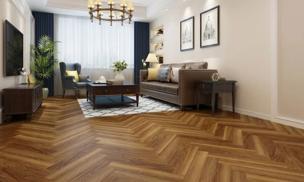 Classic teak wood herringbone flooring in lounge