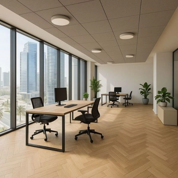 Commercial office space with light parquet flooring