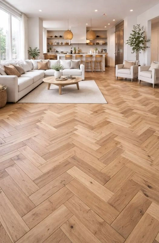 Open plan living room with herringbone parquet